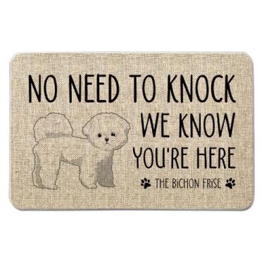 Imagem de QIONG MENG Tapete de porta de cachorro Bichon Frise Capachos de boas-vindas 43 x 68 cm Não há necessidade de bater We Know You're Here Tapete de entrada para casa de fazenda casa cozinha chão tapete