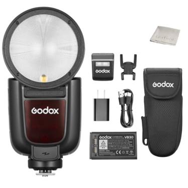 Imagem de Godox Flash de cabeça redonda V1 Pro-S para Sony, bateria de íons de lítio de 76 Ws Speedlite com suporte de sistema X sem fio de 2,4 G e HSS, subflash destacável e suporte magnético