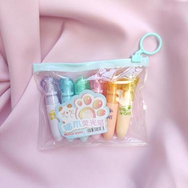 Imagem de Marca Texto Mini Patinha de Gato Fofo Cores Neon Estojo Kit com 6 unidades