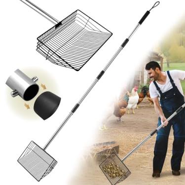 Imagem de Flying Ideas Colher de cocô de galinha para areia - Colher de galinheiro com alça de aço inoxidável ajustável de 61 a 172 cm, pá de peneira 4 em 1 para acessórios de limpeza de resíduos de aves (preta