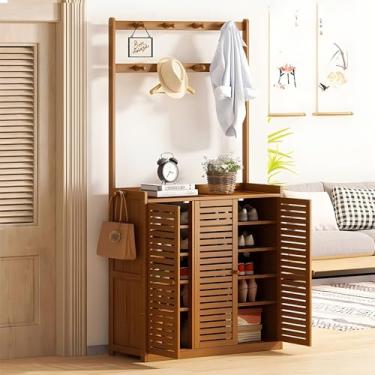 Imagem de Sapateira com ganchos para casaco, armário de armazenamento de sapatos de bambu fino, armário de armazenamento de sapatos com portas, montagem fácil, armário de entrada, G: 60/90/120