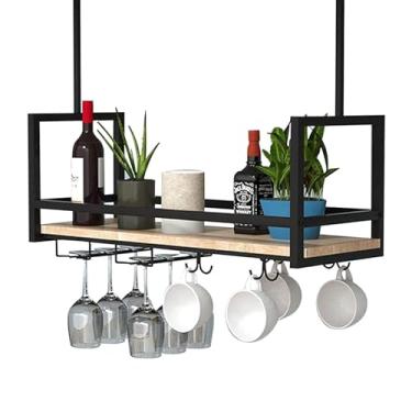 Imagem de Prateleira de vinho suspensa no teto, suporte de taça de vinho montado na parede, suporte de vinho flutuante com moldura de ferro de metal, suporte de garrafa de vinho suspenso para barras prateleira