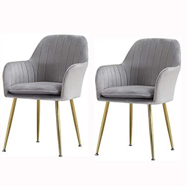 Imagem de Conjunto de 2 cadeiras de jantar de veludo poltrona com pernas de metal, flanela, estofada, para lazer, escritório, recepção, sala de estar, cozinha (cor: cinza, tamanho: pernas douradas)