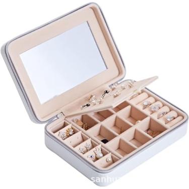 Imagem de BSNANCA Caixa de joias para mulheres caixa de joias portátil PU zíper brinco anel multifuncional com gancho de espelho organizador destacável divisor de joias organizador de joias portátil joias C (B)