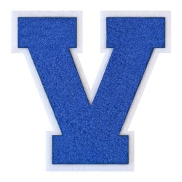 Imagem de 1 Patch de letra de chenille azul de 15 cm com borda branca – Adesivos do alfabeto para roupas, jaquetas, mochilas, chapéus para decoração personalizada, nome personalizado e artesanato. (V)