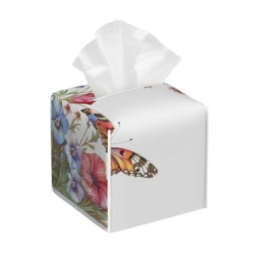 Imagem de Capa quadrada de couro para caixa de lenços à prova d'água com design de flores de borboleta, organizador de papel facial com cinto inferior, estojo de lenços para mesa, banheiro, escritório, mesa