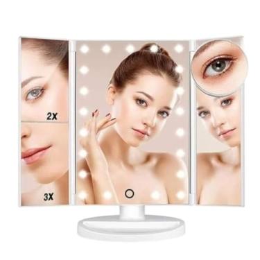 Imagem de Espelho de Maquiagem Triplo Dobrável com Iluminação LED, Branco, Ampliação 2x e 3x, Rotação 180°, USB, 31.5x13.5x18.5cm