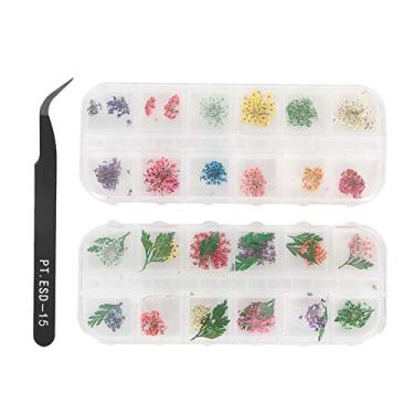 Imagem de Nail Art Decorações de flores secas DIY Kit de artesanato de manicure Cores vibrantes Fácil de usar para salão de beleza doméstico 2 caixas 12 cores Pinças incluídas