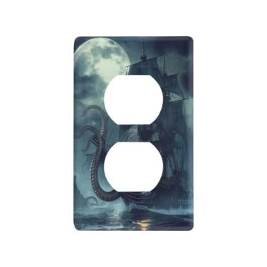 Imagem de Blueangle Placa de parede de tomada dupla para navio pirata, tamanho padrão, placas de cobertura de tomada elétrica de 1 gangue para decoração de quarto de escritório em casa, 4,53 x 2,76 polegadas