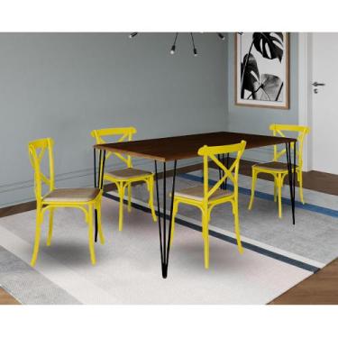 Imagem de Conjunto De Mesa Elen Retangular Tampo De Madeira 150x90cm Amêndoa Com