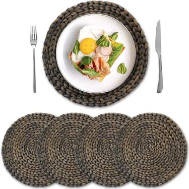 Imagem de Jogo americano redondo de tecido, conjunto de 4 tapetes de jacinto de água natural, jogo americano de vime boêmio, tapetes de mesa para mesa de jantar (35 cm) preto por YANGQIHOME