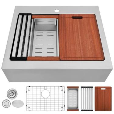 Imagem de YetCrest Pia de fazenda de 66 cm, tigela única de 66 x 56 cm, avental de casa de fazenda de 26 cm de profundidade para estação de trabalho em aço inoxidável, suporte para pia de cozinha