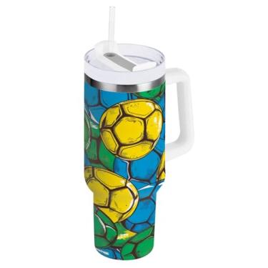 Imagem de Kigai Copo de futebol colorido de 1,134 g com tampa e canudo, copo isolado de aço inoxidável durável à prova de vazamento com alça, garrafas de água à prova de derramamento para viagens