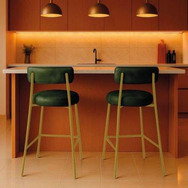 Imagem de Banqueta Cozinha Alta Com Encosto Industrial Dourado Kit 2 Londres Pu 