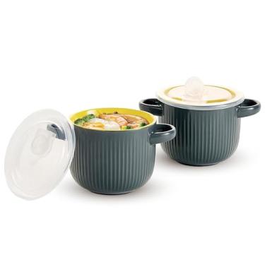 Imagem de Hoilse Tigela de sopa com alças e tampas, potes de sopa seguros para forno, pote de cebola francesa de cerâmica de 680 g para sopa, cereal, macarrão, ramen e pimenta, seguro para micro-ondas e
