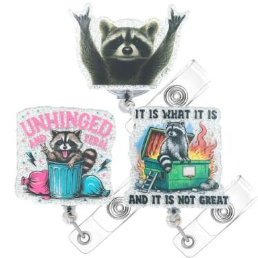 Imagem de 3 carretéis de crachá de guaxinim, desenho animado, animal selvagem, peculiar, sarcástico, lixeira, panda, fogo, identidade, nome, suporte retrátil, acessórios de enfermeira, material de escritório