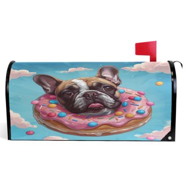 Imagem de TSENQUE Capas de caixa de correio magnéticas decorativas fofas buldogue desenho animado donut outono caixa de correio vinil fazenda decoração de caixa de correio exterior tamanho grande 64,5 x 52,8 cm