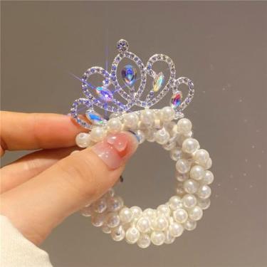 Imagem de Laços de cabelo com contas – Contas de pérolas brancas coração cruzando coroa de cristal, suportes elásticos de rabo de cavalo e laços de corda de cabelo de princesa para mulheres