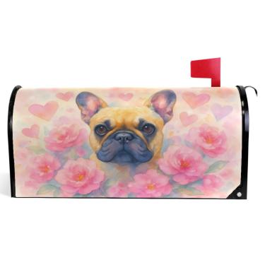 Imagem de TSENQUE Capas de caixa de correio magnéticas decorativas desenho animado buldogue francês flor rosa outono caixa de correio envoltório vinil à prova de intempéries decoração de caixa de correio de