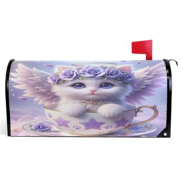 Imagem de TSENQUE Capas de caixa de correio magnéticas decorativas gato fofo anjo gatinho floral vinil caixa de correio envoltório verão à prova de intempéries decoração de caixa de correio tamanho grande 64,5