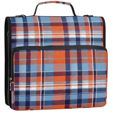 Imagem de Pasta organizadora de fichários de 3 anéis, xadrez, azul marinho, com zíper, bolsa escolar com alça de ombro, suporte básico para 500 lençóis, 34,5 x 31,5 x 9 cm