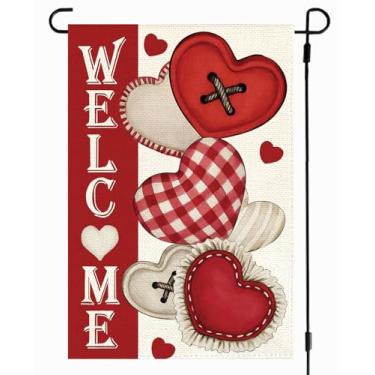 Imagem de RABUSOFA Bandeira de jardim de dia dos namorados 30,5 x 45,7 cm dupla face externa, corações de amor rústico aniversário quintal bandeira exterior (05) (vermelho, tamanho do jardim) 30,5 x 45,7 cm)