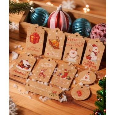 Imagem de 50 etiquetas de Natal, 10 estilos de etiquetas de papel kraft com cordão de embrulho de Natal