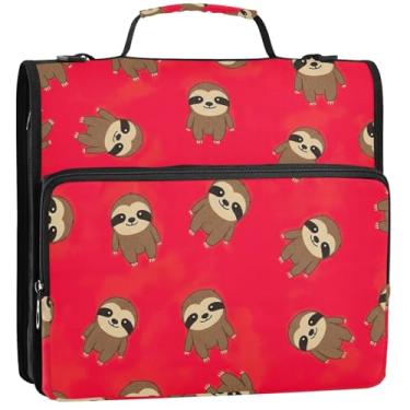 Imagem de Fichários fofos de 3 anéis de 3 anéis de 3 anéis fofos de preguiças vermelhas com zíper organizador de pasta de armazenamento com alça para fichários escolares bolsa com alça de ombro, 34,5 x 31,5 x 9