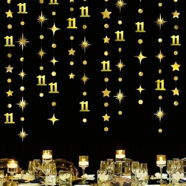 Imagem de Decorações de aniversário de 11 anos de ouro, número 11, guirlanda de estrelas, círculo, estandarte metálica pendurada, pano de fundo para meninas e meninos, brinde a 11 anos, aniversário, feliz