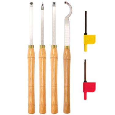 Imagem de AT04 Ferramentas de torneamento de madeira com ponta de carboneto conjunto de torno mais áspero finalizador de pescoço de cisne oco com cabo de madeira maciça e inserções de carboneto quadrado redondo