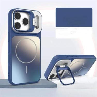 Imagem de HTVJFXCapa magnética fosca com efeito degradê para iPhone 16 Pro Max, com suporte para câmera e proteção contra impactos em TPU (Azul)