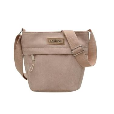 Imagem de Bolsa tiracolo de veludo cotelê, bolsa de ombro estilo vintage com tecido texturizado, bolsa feminina retrô, Caqui, Medium, Mochila casual