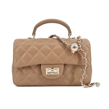 Imagem de Bolsa tiracolo acolchoada pequena para mulheres, bolsa de ombro de couro genuíno com alça de corrente dourada, mini bolsa macia com aba superior, Camel Tan (alça destacável), Clássica, luxuosa