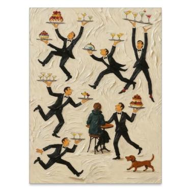 Imagem de FoxUncle Arte de parede de restaurante vintage engraçado divertido moderno servidor abstrato lona pôster retrô bar carrinho decoração pintura impressões para cozinha sala de jantar decoração de parede