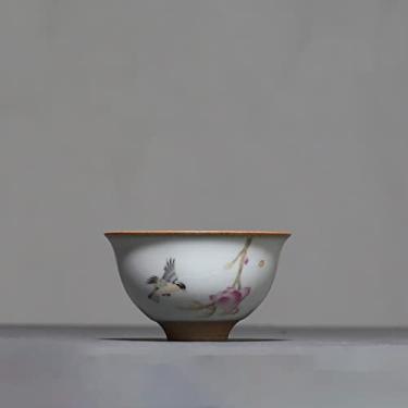 Imagem de Conjunto de chá retrô Ru Kiln xícara de chá de cerâmica viagem copo de meditação pessoal flores e pássaros pintados à mão xícara de chá conjunto de chá doméstico conjuntos de chá modernos xícaras (cor