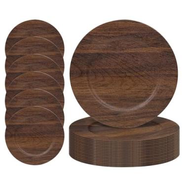Imagem de MAONAME 24 placas de carregamento redondas em massa, carregador marrom de 33 cm para pratos de jantar, carregadores de placa de madeira sintética para fazenda, carregadores de mesa de plástico para