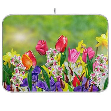 Imagem de Tapete de secagem de pratos com flores de narcisos e tulipas, 45 x 61 cm para balcão de cozinha, primavera, floral, folhas verdes, almofadas absorventes de pratos de secagem rápida, tapetes grandes acessórios de cozinha