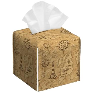 Imagem de Pacote com 2 caixas de lenços vintage mapa náutico bússola quadrada de couro PU suporte organizador de papel facial à prova d'água para banheiro, cozinha, casa, escritório, carro