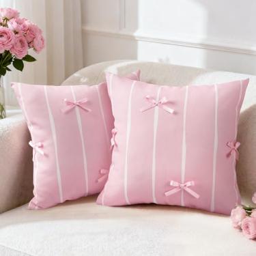 Imagem de AELS Capas de almofada decorativas listradas com laço rosa 45,7 x 45,7 cm, conjunto de 2, fronhas com laço, capa de almofada fofa para sofá, listras rosa e brancas, apenas capas