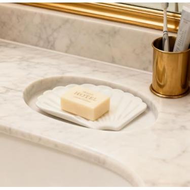 Imagem de Saboneteira de silicone em forma de concha autodrenante antiderrapante sem perfuração balcão de banheiro saboneteira (branco)