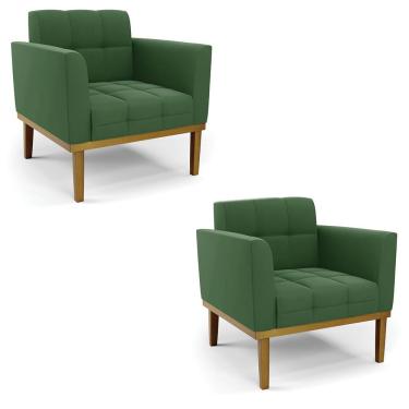 Imagem de Kit 2 Poltronas Decorativas Karen Pés Fixo em Madeira Castanho Suede Verde G19 - Gran Belo