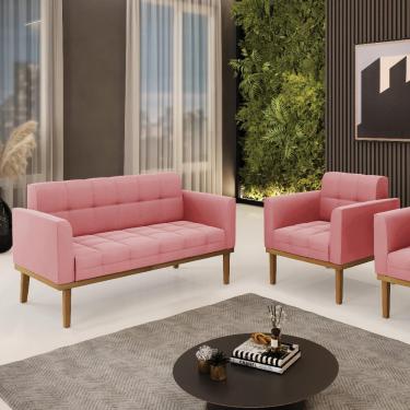 Imagem de Conjunto Poltrona e Namoradeira Decorativas Karen Pés Fixo em Madeira Castanho Suede Rose G19 - Gran Belo