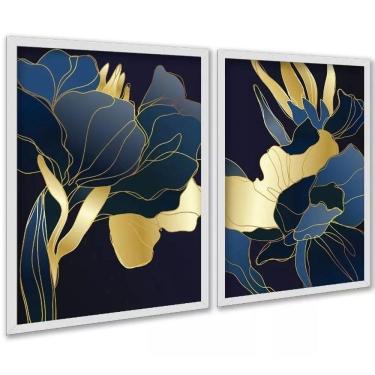 Imagem de Kit 2 Quadros Florais Azul Dourado Linhas 33X24Cm - Vidro