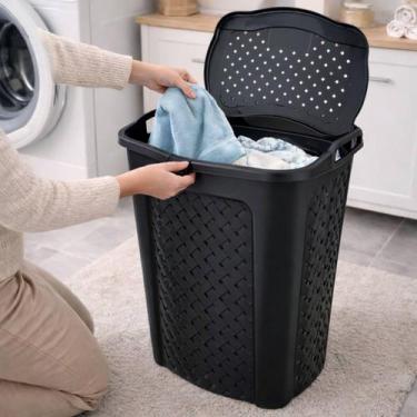 Imagem de Cesto de Roupas Rattan Preto Com Tampa e Alças Preto 45 Litros 3UD