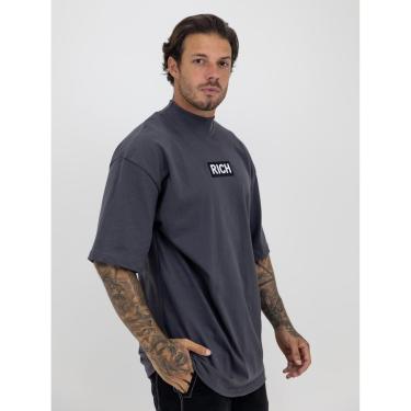 Imagem de Camiseta Oversized Gola Alta Borracha Black White Streetwear Confortavel Masculina Cinza-Masculino