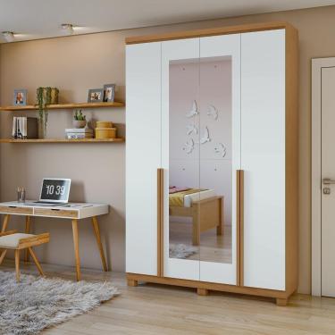 Imagem de Guarda-roupa Solteiro Alonzo 4 Portas 2 Gavetas Com Espelho Amêndoa Clean/branco Lopas