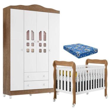 Imagem de Berço Americano Lila e Guarda Roupa Infantil New Selena 4 Portas Branco Acetinado Amade...