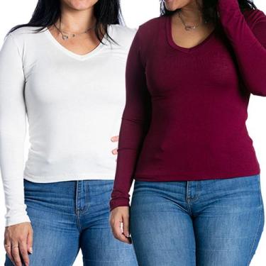 Imagem de Kit 2 blusas feminina manga comprida segunda pele inverno gola v - Mar