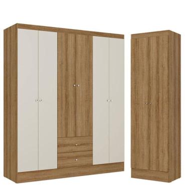 Imagem de Guarda Roupa Casal Astro 6 Portas 2 Gavetas Almendra Off White Acetinado e Multiuso Space Almendra - THB