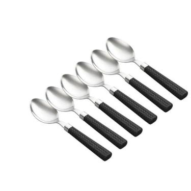 Imagem de Jogo com 6 Colheres de Sobremesa Aço Inox Cabo Preto Tipo Rattan 16cm 